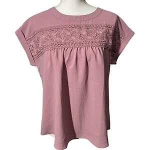 Blu Pepper Pink Lace‎ Yoke Blouse Womens Large Short Sleeve Boho Top